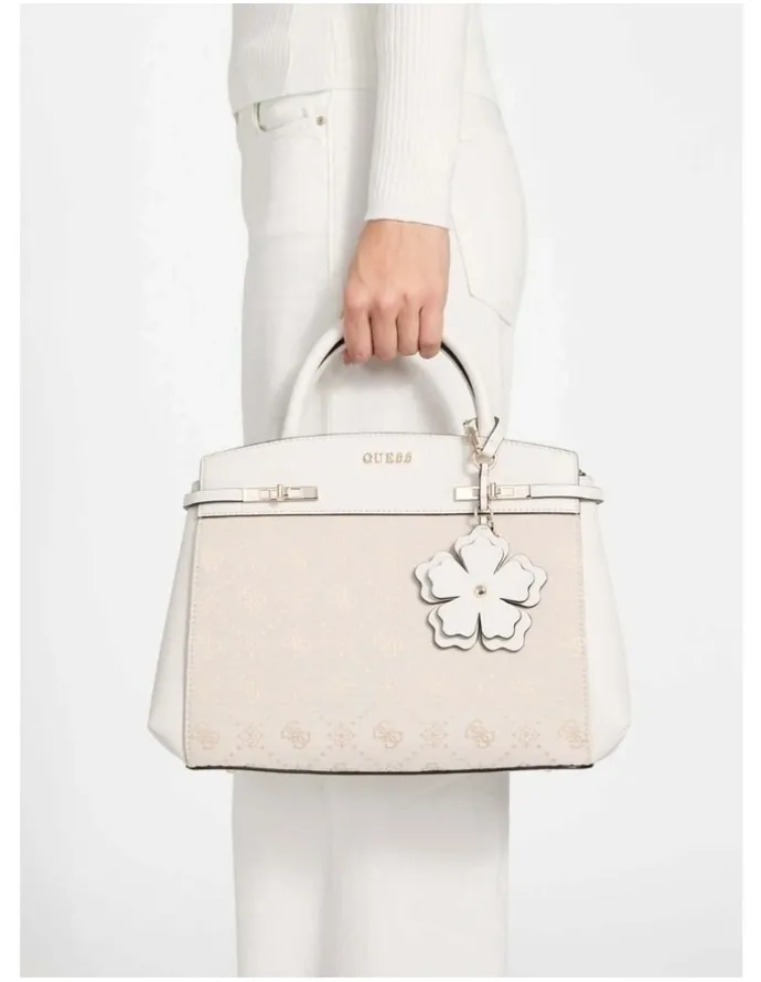 Guess Melinda Triple Compartment Satchel Bag in Off White Logo