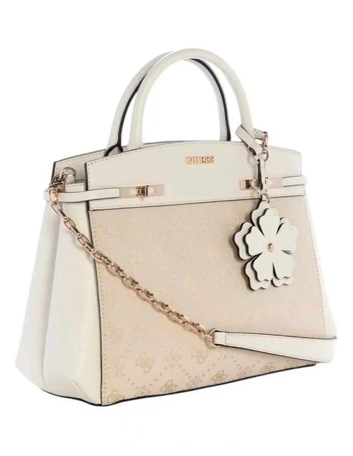 Guess Melinda Triple Compartment Satchel Bag in Off White Logo