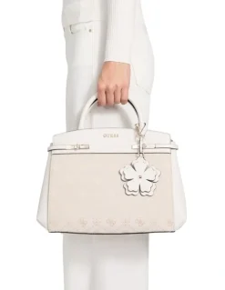 Guess Melinda Triple Compartment Satchel Bag in Off White Logo
