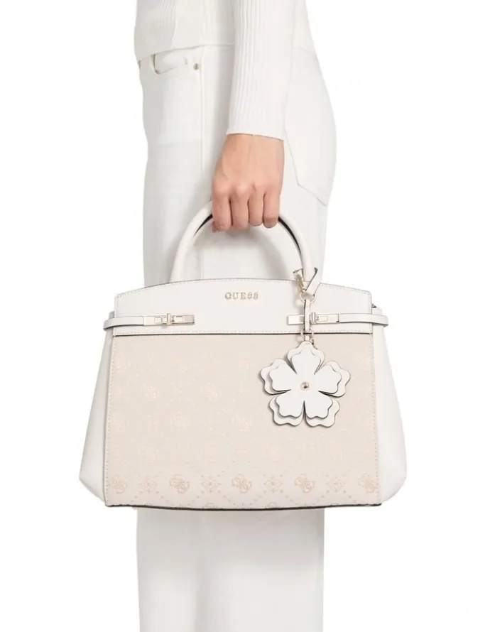 Guess Melinda Triple Compartment Satchel Bag in Off White Logo