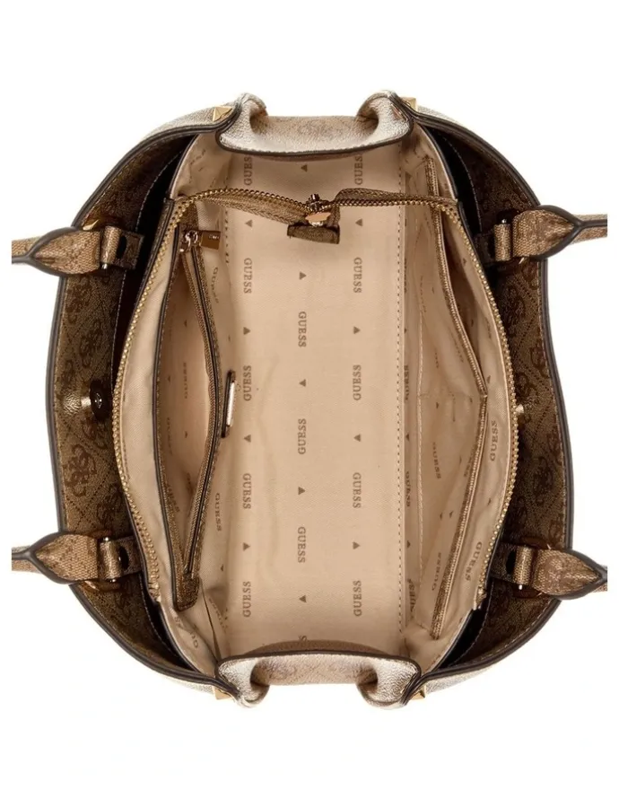 Guess Meridian Satchel Bag in Latte Logo