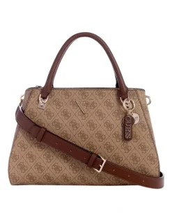 Guess Noelle Luxury Satchel Bag in Latte Logo/Brown