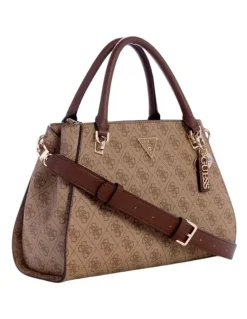 Guess Noelle Luxury Satchel Bag in Latte Logo/Brown