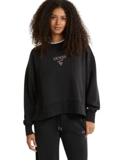 Guess Originals Distressed Baker Crewneck Fleece Sweatshirt in Black