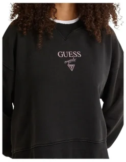 Guess Originals Distressed Baker Crewneck Fleece Sweatshirt in Black