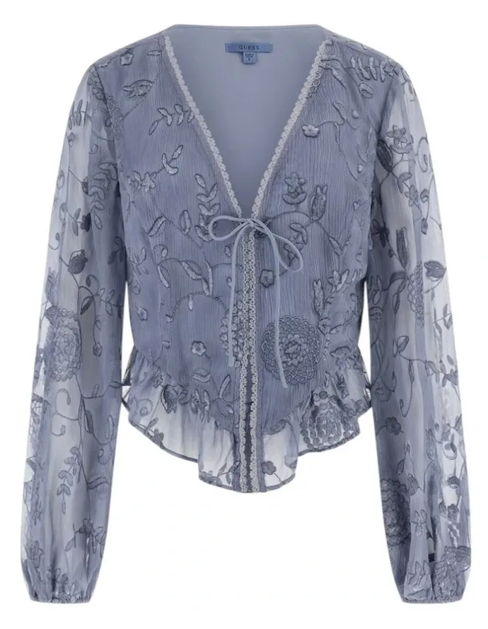 Guess Seiah Tie Front Long Sleeve Top in Grey