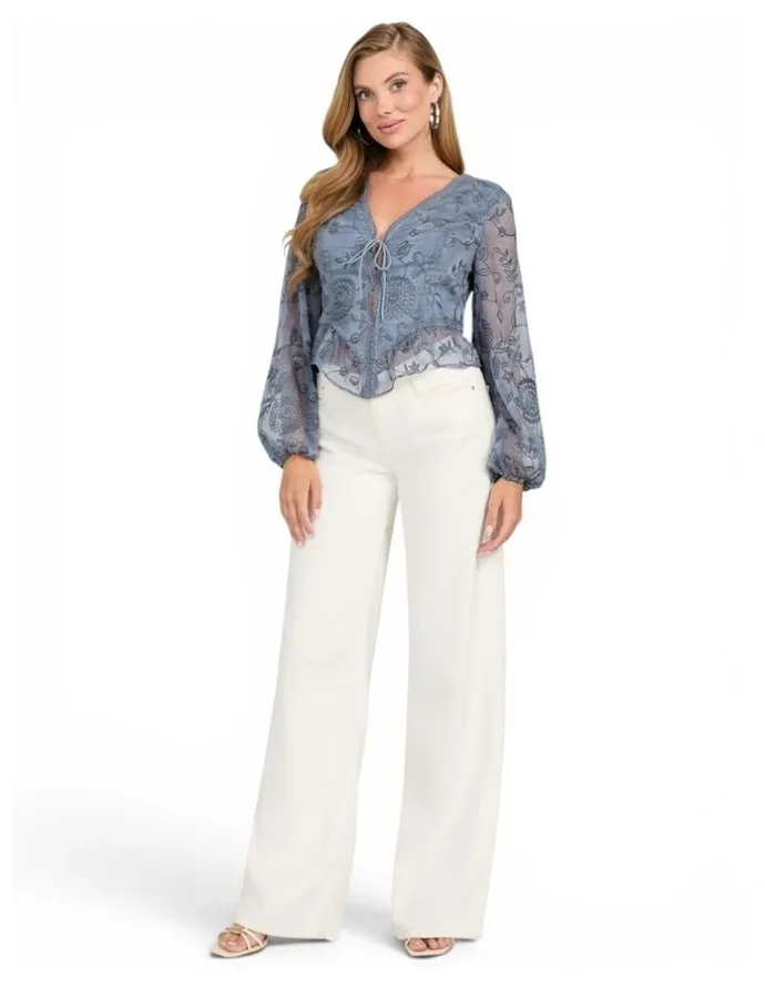 Guess Seiah Tie Front Long Sleeve Top in Grey