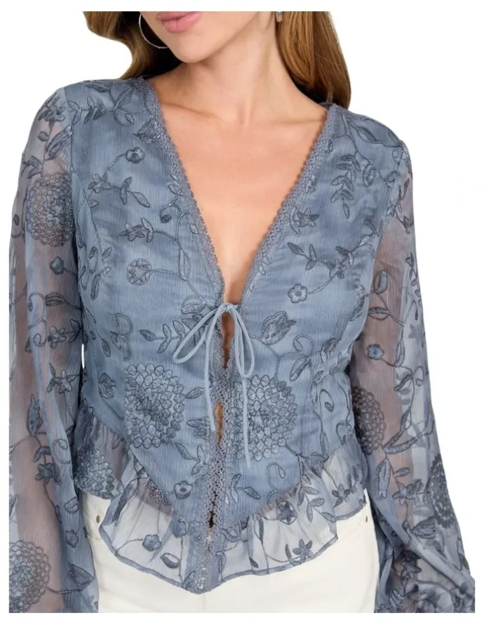 Guess Seiah Tie Front Long Sleeve Top in Grey