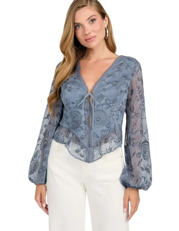 Guess Seiah Tie Front Long Sleeve Top in Grey