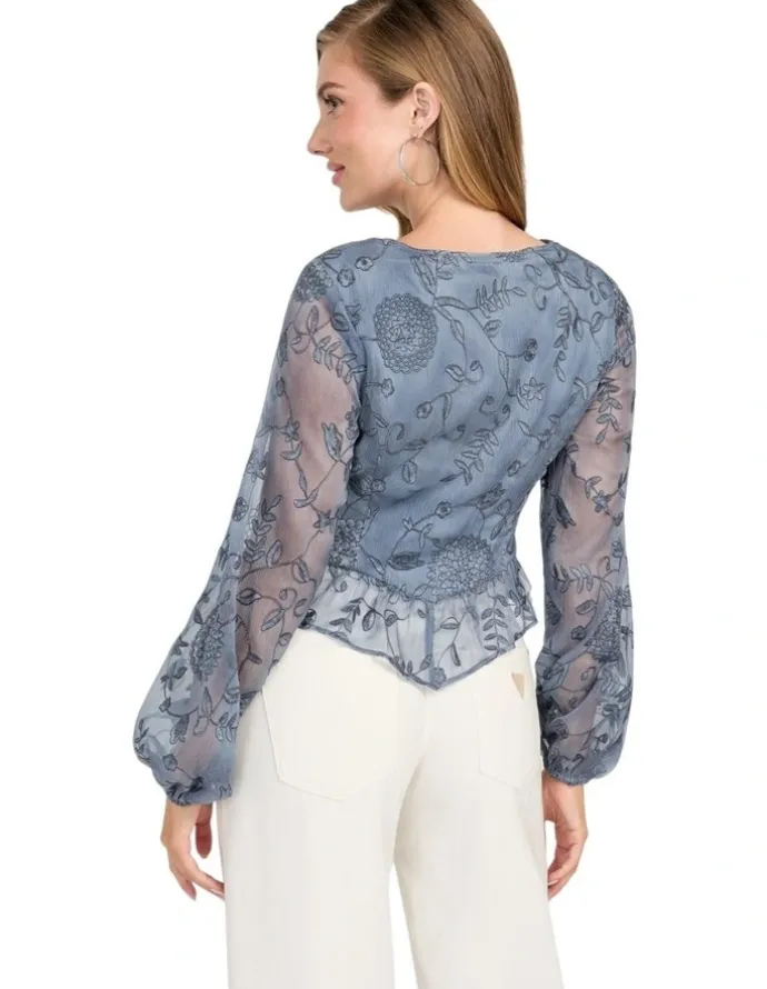 Guess Seiah Tie Front Long Sleeve Top in Grey