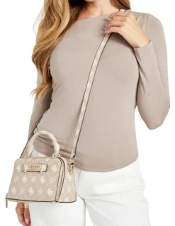Guess Silia Mini Satchel Bag in Biscotti Logo
