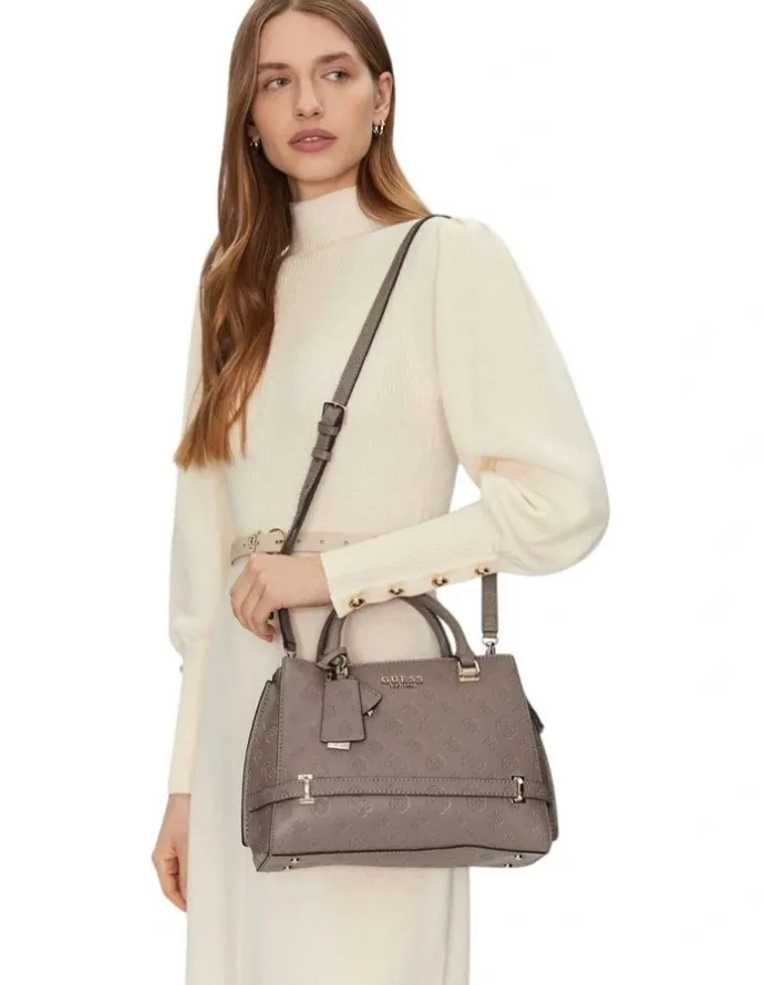 Guess Zarela Luxury Satchel Bag in Dark Taupe Logo