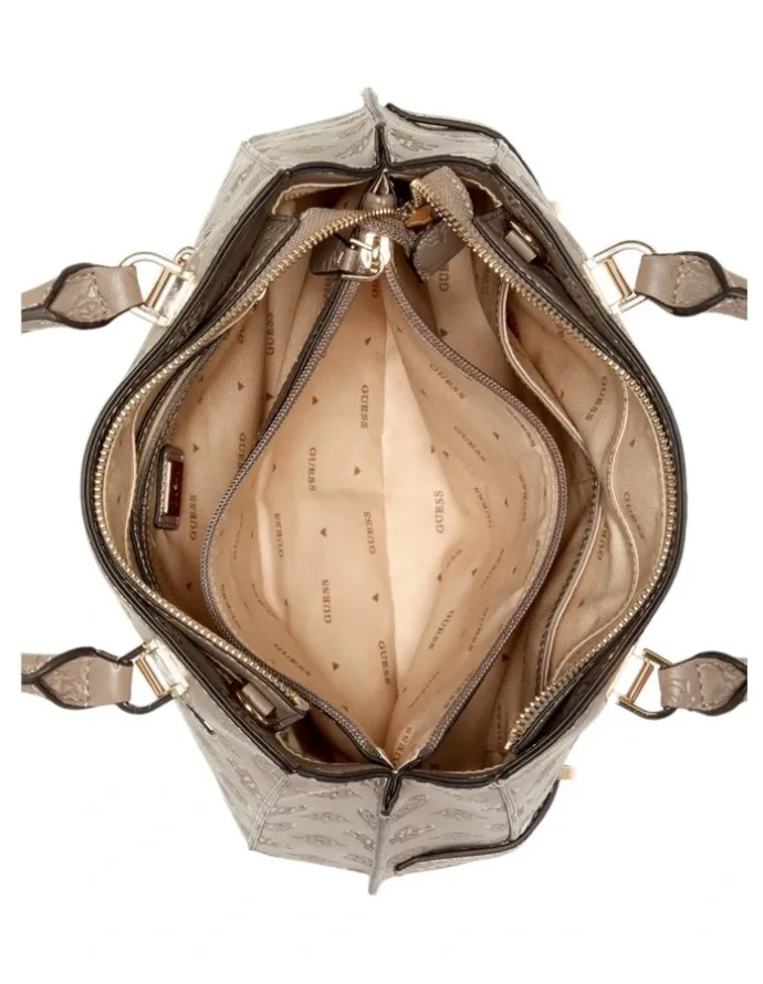 Guess Zarela Luxury Satchel Bag in Dark Taupe Logo