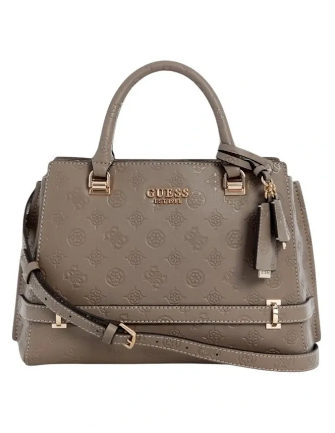 Guess Zarela Luxury Satchel Bag in Dark Taupe Logo