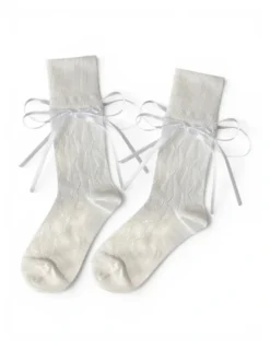 High Heel Jungle Bellabow Satin Ribbon Soft Socks in White