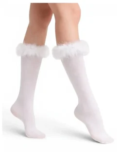 High Heel Jungle Frou-Frou Faux Fur Trim Cotton Socks in White