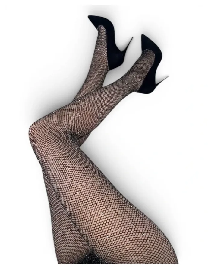 High Heel Jungle Glam Rock Lurex Crystal Mesh Tights