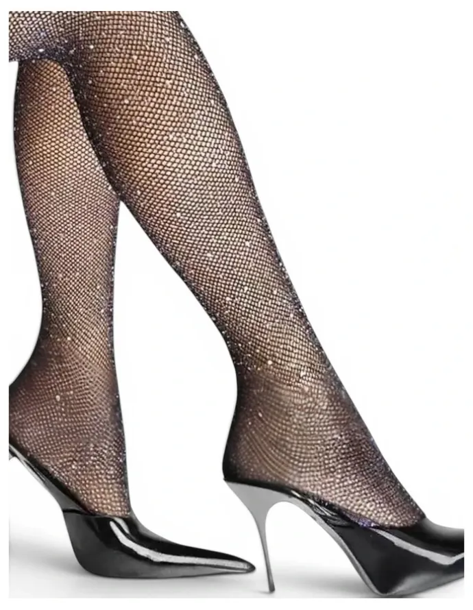 High Heel Jungle Glam Rock Lurex Crystal Mesh Tights
