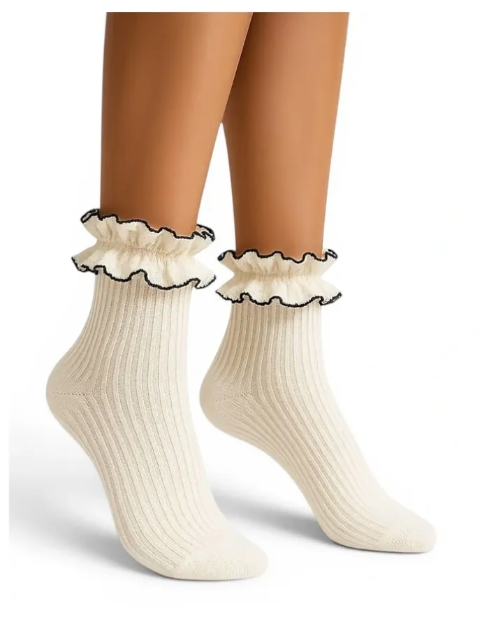 High Heel Jungle Sheer Frilly Cotton Socks in White