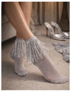 High Heel Jungle Stevie Metallic Lurex Socks With Glitter Fringe in Blue