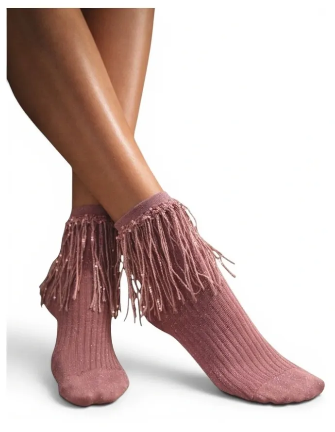 High Heel Jungle Stevie Metallic Lurex Socks With Glitter Fringe in Pink