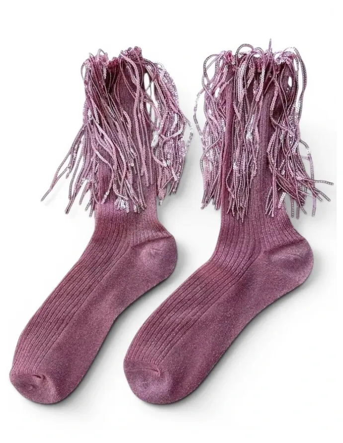 High Heel Jungle Stevie Metallic Lurex Socks With Glitter Fringe in Pink