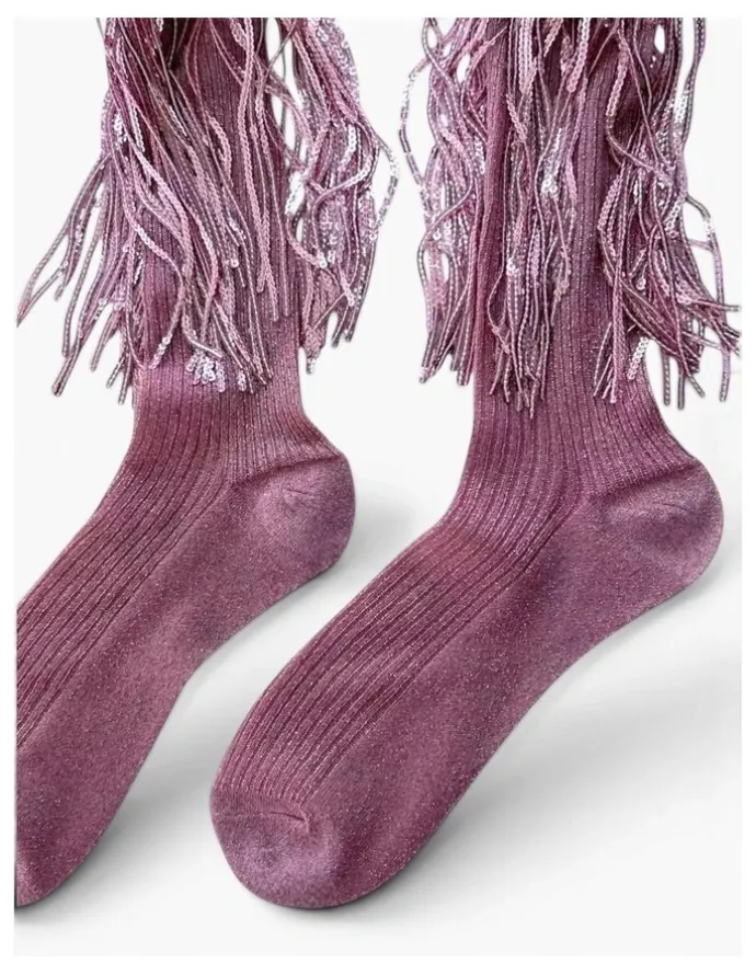 High Heel Jungle Stevie Metallic Lurex Socks With Glitter Fringe in Pink