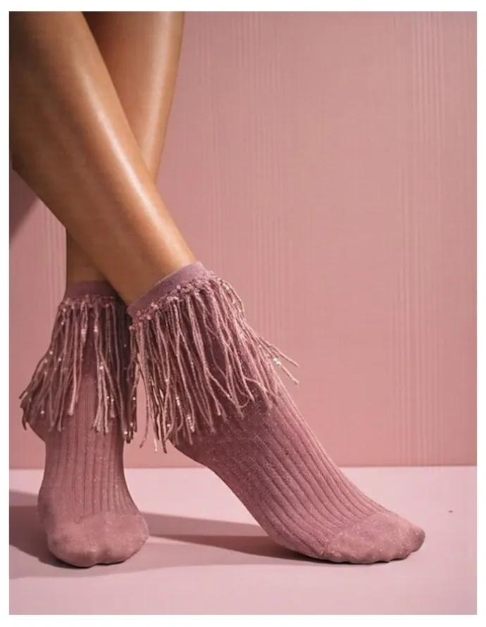High Heel Jungle Stevie Metallic Lurex Socks With Glitter Fringe in Pink