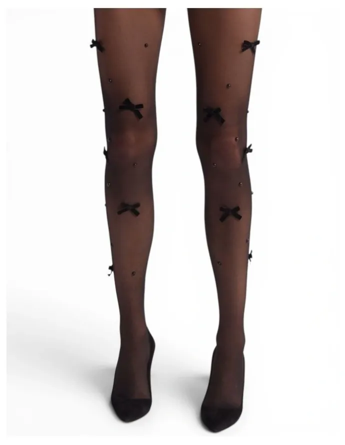High Heel Jungle Velvet Bow Pearl Tights