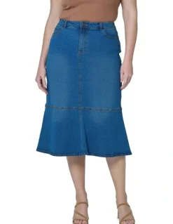 Indigo Tonic Penny Denim Midi Skirt in Blue