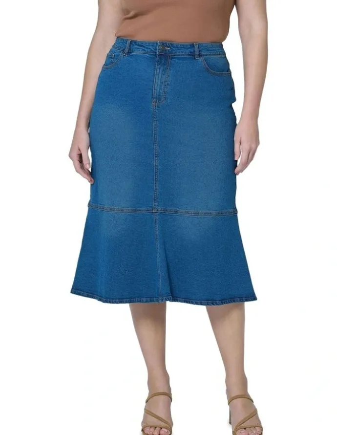 Indigo Tonic Penny Denim Midi Skirt in Blue