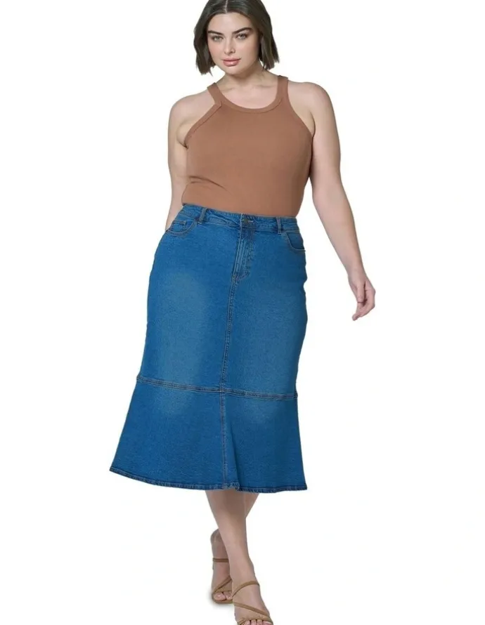 Indigo Tonic Penny Denim Midi Skirt in Blue