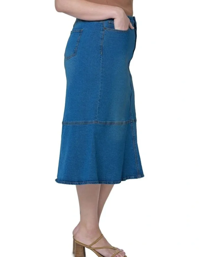 Indigo Tonic Penny Denim Midi Skirt in Blue