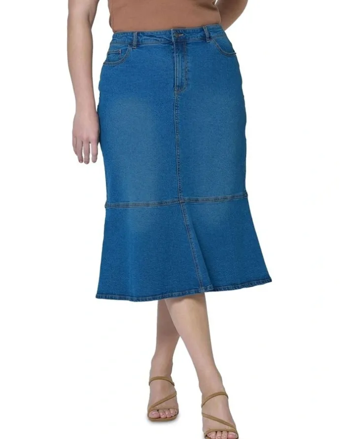 Indigo Tonic Penny Denim Midi Skirt in Blue