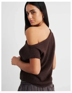 JAG Arden Off Shoulder Knit Jumper in Brown