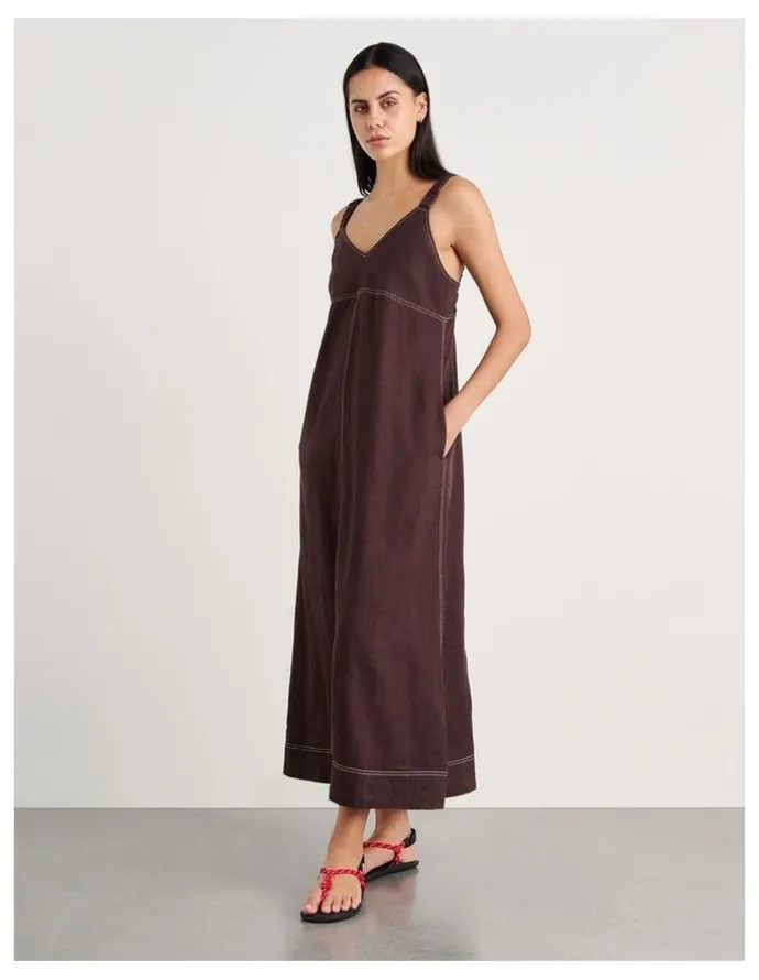 JAG Sara Linen Midi Dress in Dark Chocolate