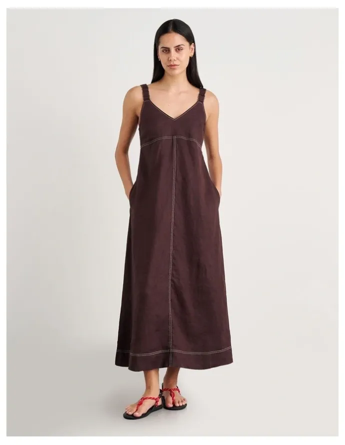 JAG Sara Linen Midi Dress in Dark Chocolate