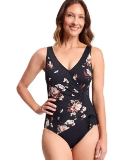 Jantzen Hartland Gathered Surplice One Piece in Black and Pink Floral Print