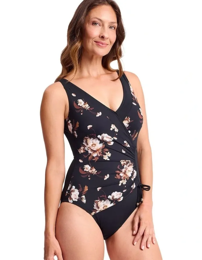 Jantzen Hartland Gathered Surplice One Piece in Black and Pink Floral Print