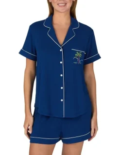 Kate Spade Modal Button Up Short Sleeve Short Pyjama Set with Embroidery in Estate Blue