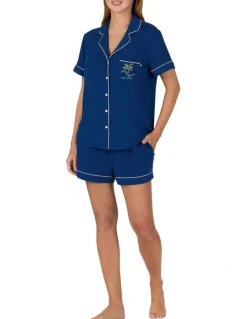 Kate Spade Modal Button Up Short Sleeve Short Pyjama Set with Embroidery in Estate Blue