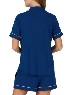 Kate Spade Modal Button Up Short Sleeve Short Pyjama Set with Embroidery in Estate Blue