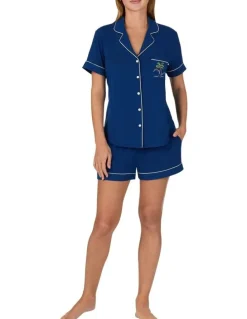 Kate Spade Modal Button Up Short Sleeve Short Pyjama Set with Embroidery in Estate Blue