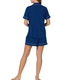 Kate Spade Modal Button Up Short Sleeve Short Pyjama Set with Embroidery in Estate Blue