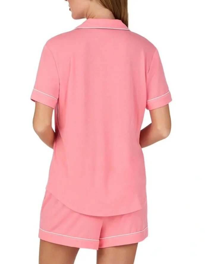 Kate Spade Modal Button Up Short Sleeve Short Pyjama Set with Embroidery in Pink