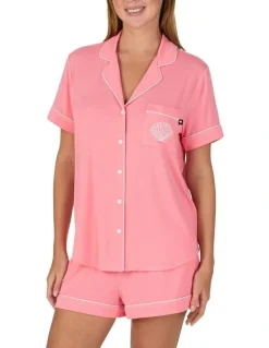 Kate Spade Modal Button Up Short Sleeve Short Pyjama Set with Embroidery in Pink