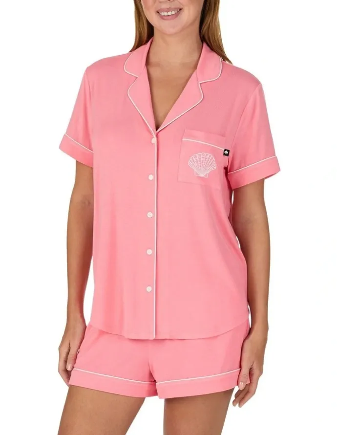 Kate Spade Modal Button Up Short Sleeve Short Pyjama Set with Embroidery in Pink