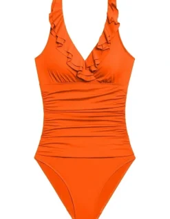 Lauren Ralph Lauren Beach Club Solids Ruffle Surplice Underwired One-Piece Swimsuit in Papaya