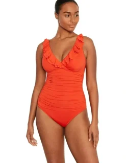 Lauren Ralph Lauren Beach Club Solids Ruffle Surplice Underwired One-Piece Swimsuit in Papaya