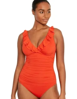 Lauren Ralph Lauren Beach Club Solids Ruffle Surplice Underwired One-Piece Swimsuit in Papaya